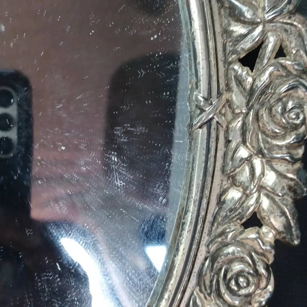 Vintage Vanity Dresser Oval Mirror Tray Metal Frame Great !